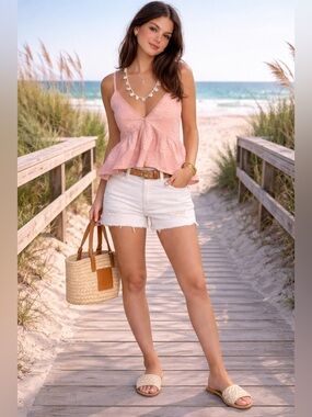Surf Gypsy Soft Coral Leaf Sleeveless Top with adjustable straps.